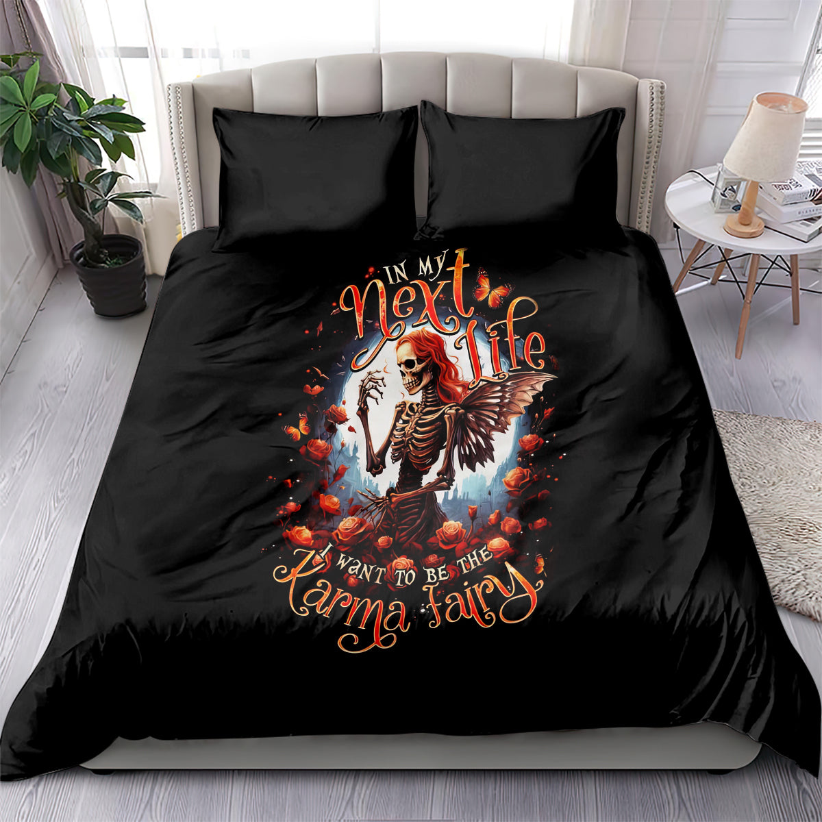 Black bedding set featuring skeleton fairy graphic with orange “Karma Fairy” text on duvet