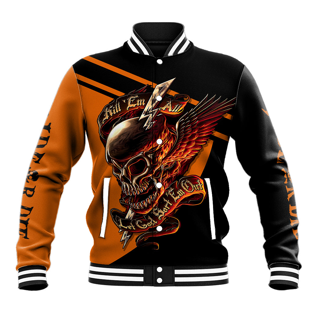 Black baseball jacket with orange panels, winged skull front graphic, striped ribbed collar