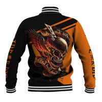 Black baseball jacket with orange panels, winged skull back graphic, striped ribbed cuffs