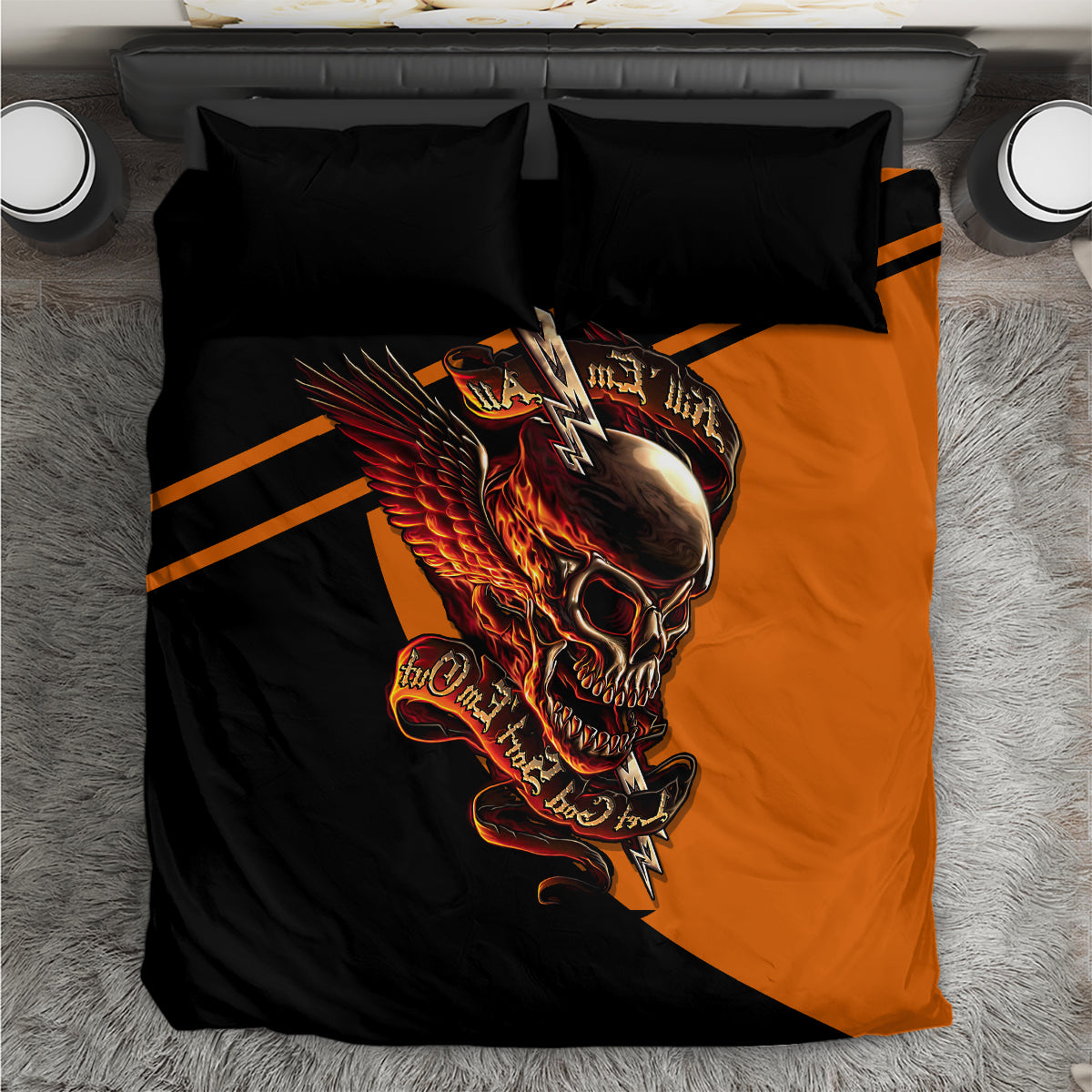 Black and orange skull wing bedding set with two matching pillowcases, graphic duvet