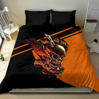 Black and orange skull wing bedding set with two pillowcases and flame-style skull artwork