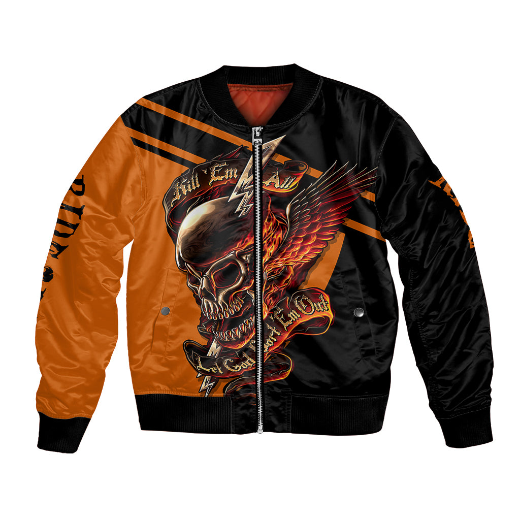 Unisex bomber jacket with full-zip front, black and orange skull wing graphic