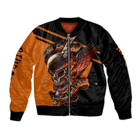 Unisex bomber jacket with full-zip front, black and orange skull wing graphic