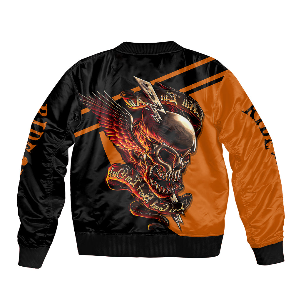 Unisex bomber jacket, black and orange back skull wing graphic, ribbed hem