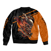 Unisex bomber jacket, black and orange back skull wing graphic, ribbed hem