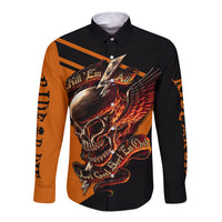 Long sleeve button shirt with black and orange skull graphic, front view