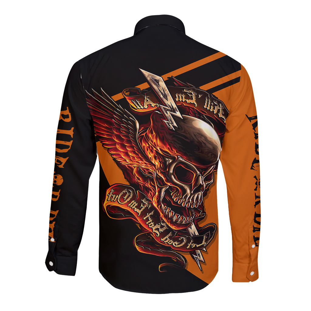 Long sleeve button shirt with black and orange skull graphic, back view
