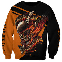 Unisex black sweatshirt with orange sleeves and skull-wing graphic front print