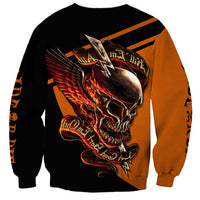 Unisex black sweatshirt with orange side sleeves and centered skull with wings print