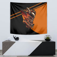 Black and orange skull tapestry with flaming wings and angled stripe accents
