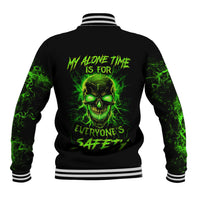Black baseball jacket with green flame skull graphic and ribbed striped collar and cuffs