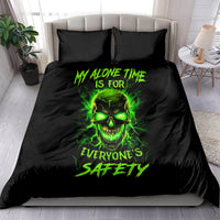 Black bedding set with neon green skull flame graphic and matching pillow shams