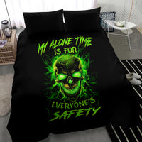 Black bedding set with neon green skull flame artwork on the duvet and pillow shams