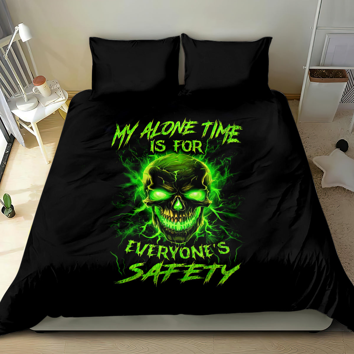 Black duvet and pillow shams featuring neon green flame skull graphic centerpiece