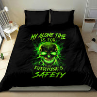 Black duvet and pillow shams featuring neon green flame skull graphic centerpiece