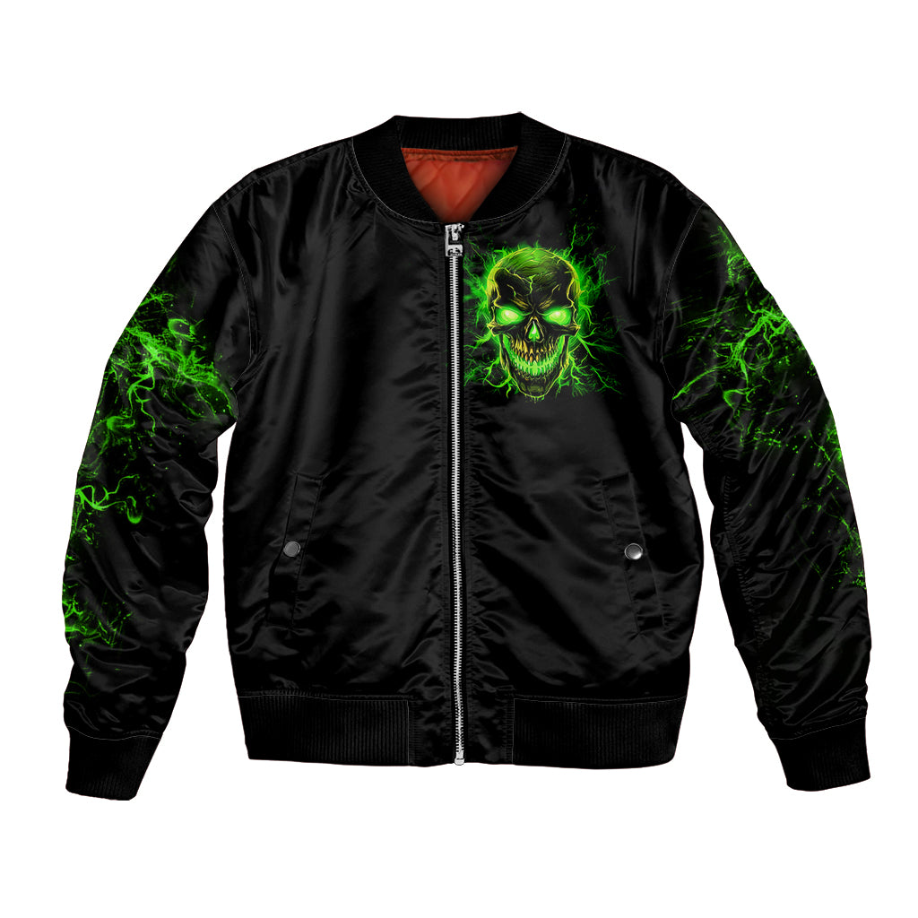 Black unisex bomber jacket with front neon green skull graphic, zip-up front, ribbed hem