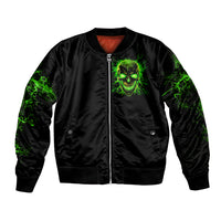 Black unisex bomber jacket with front neon green skull graphic, zip-up front, ribbed hem