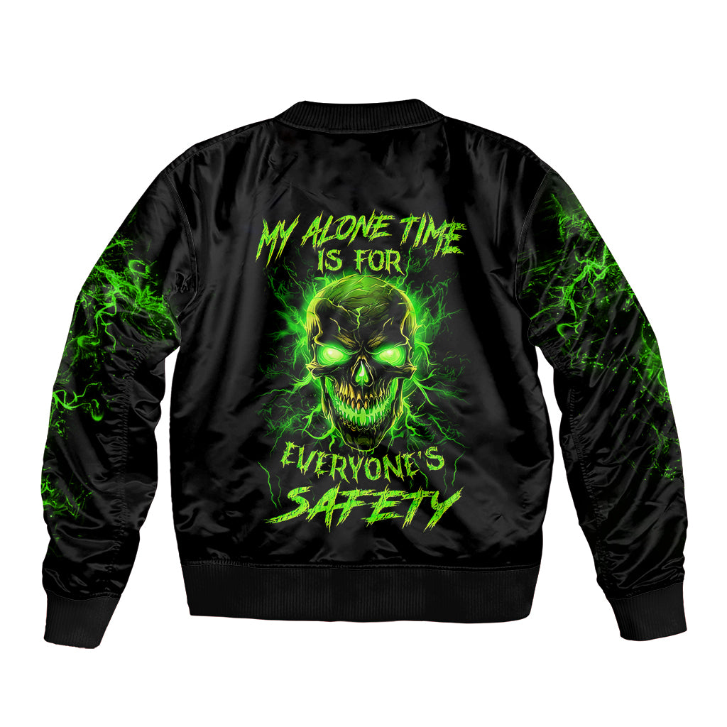Black unisex bomber jacket with neon green skull flame graphic, ribbed collar and cuffs
