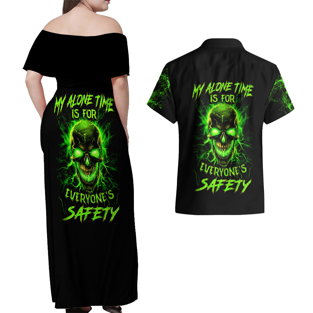 Flame Skull Couples Matching Off Shoulder Maxi Dress and Hawaiian Shirt My Alone TIme Is For Everyone Safe - Wonder Print Shop