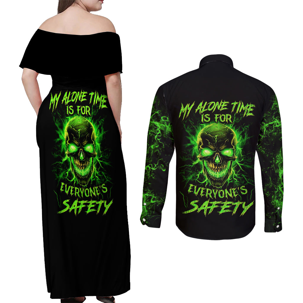 Flame Skull Couples Matching Off Shoulder Maxi Dress and Long Sleeve Button Shirts My Alone TIme Is For Everyone Safe - Wonder Print Shop