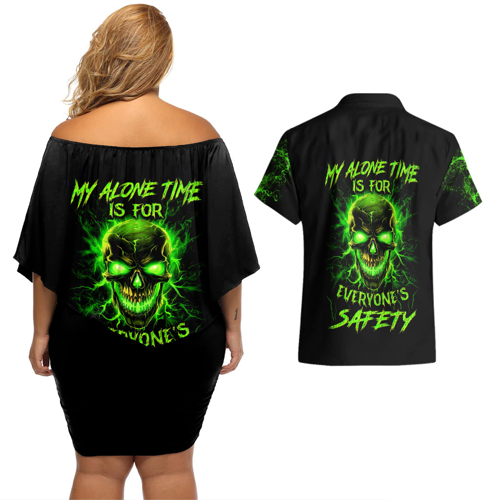 Flame Skull Couples Matching Off Shoulder Short Dress and Hawaiian Shirt My Alone TIme Is For Everyone Safe - Wonder Print Shop