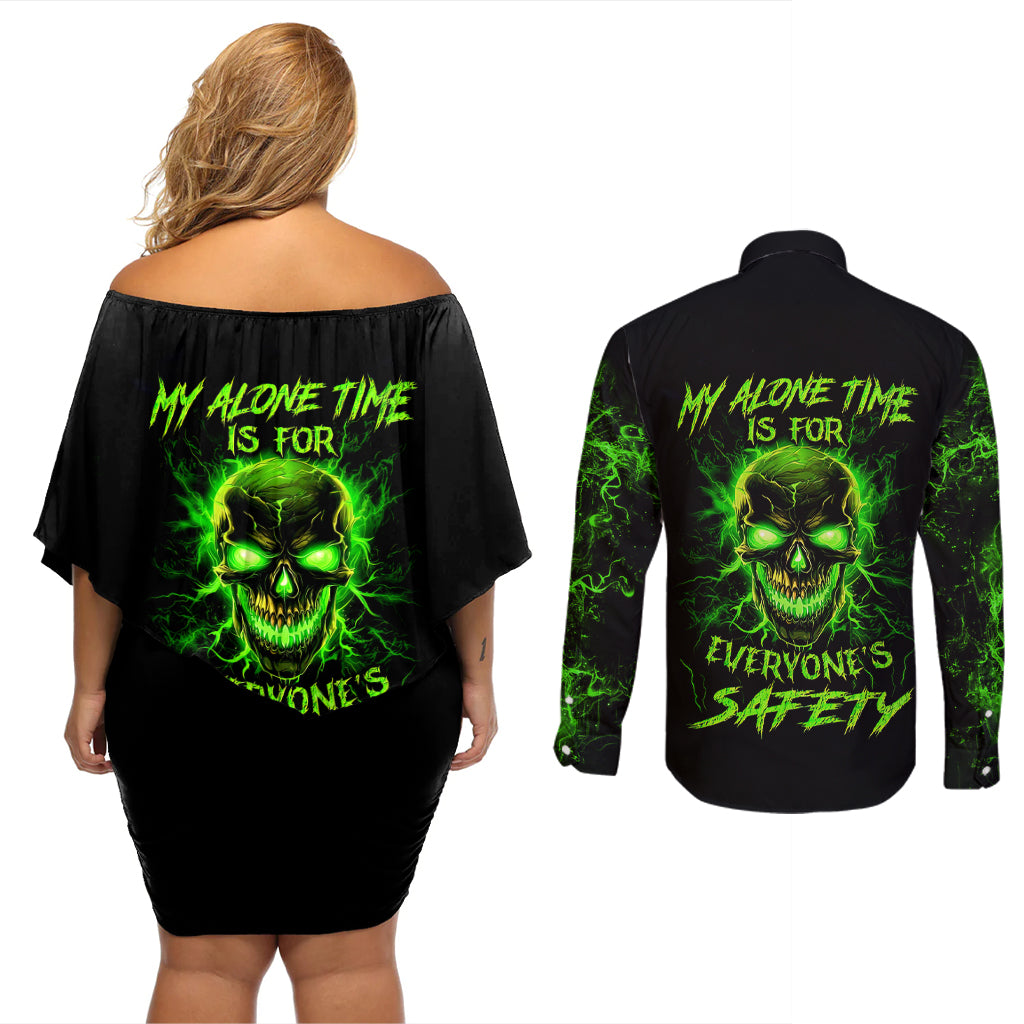 Flame Skull Couples Matching Off Shoulder Short Dress and Long Sleeve Button Shirts My Alone TIme Is For Everyone Safe - Wonder Print Shop