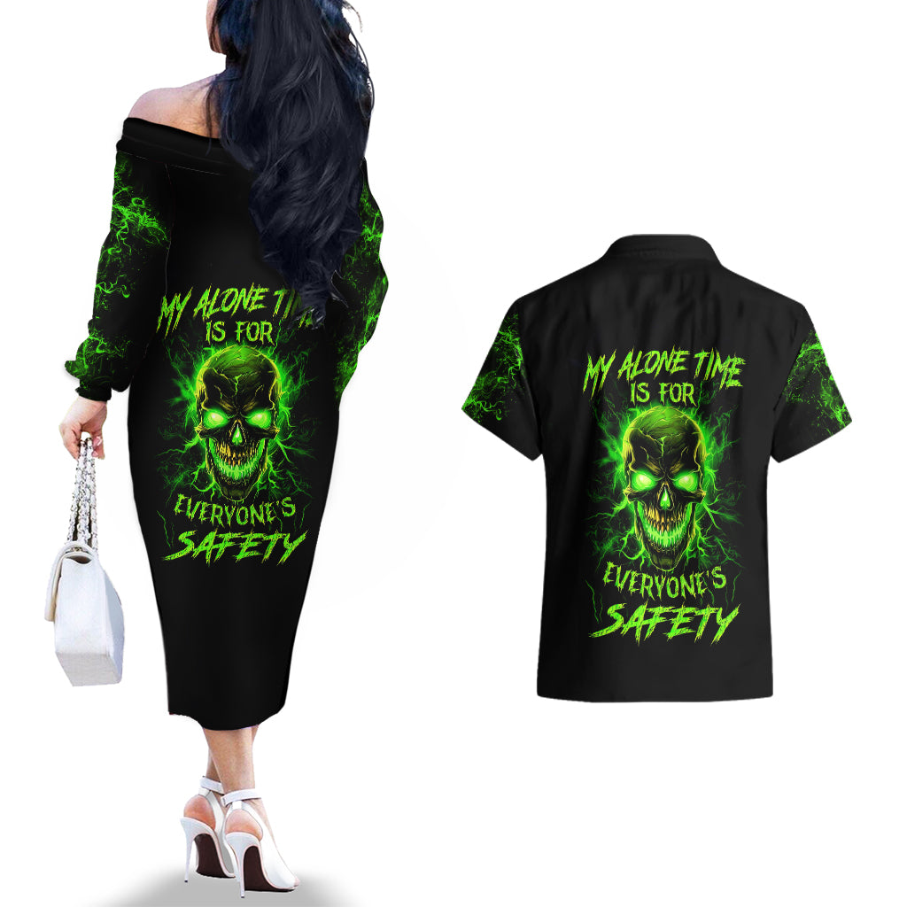 Flame Skull Couples Matching Off The Shoulder Long Sleeve Dress and Hawaiian Shirt My Alone TIme Is For Everyone Safe - Wonder Print Shop