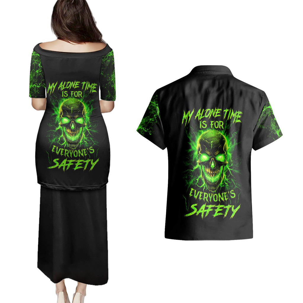 Flame Skull Couples Matching Puletasi Dress and Hawaiian Shirt My Alone TIme Is For Everyone Safe - Wonder Print Shop