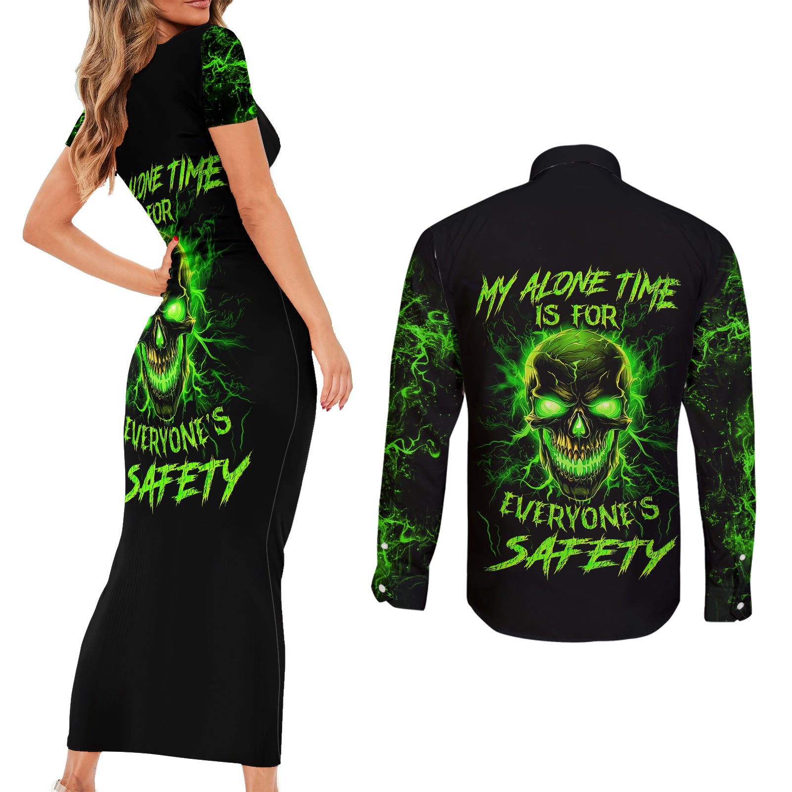 Flame Skull Couples Matching Short Sleeve Bodycon Dress and Long Sleeve Button Shirts My Alone TIme Is For Everyone Safe - Wonder Print Shop