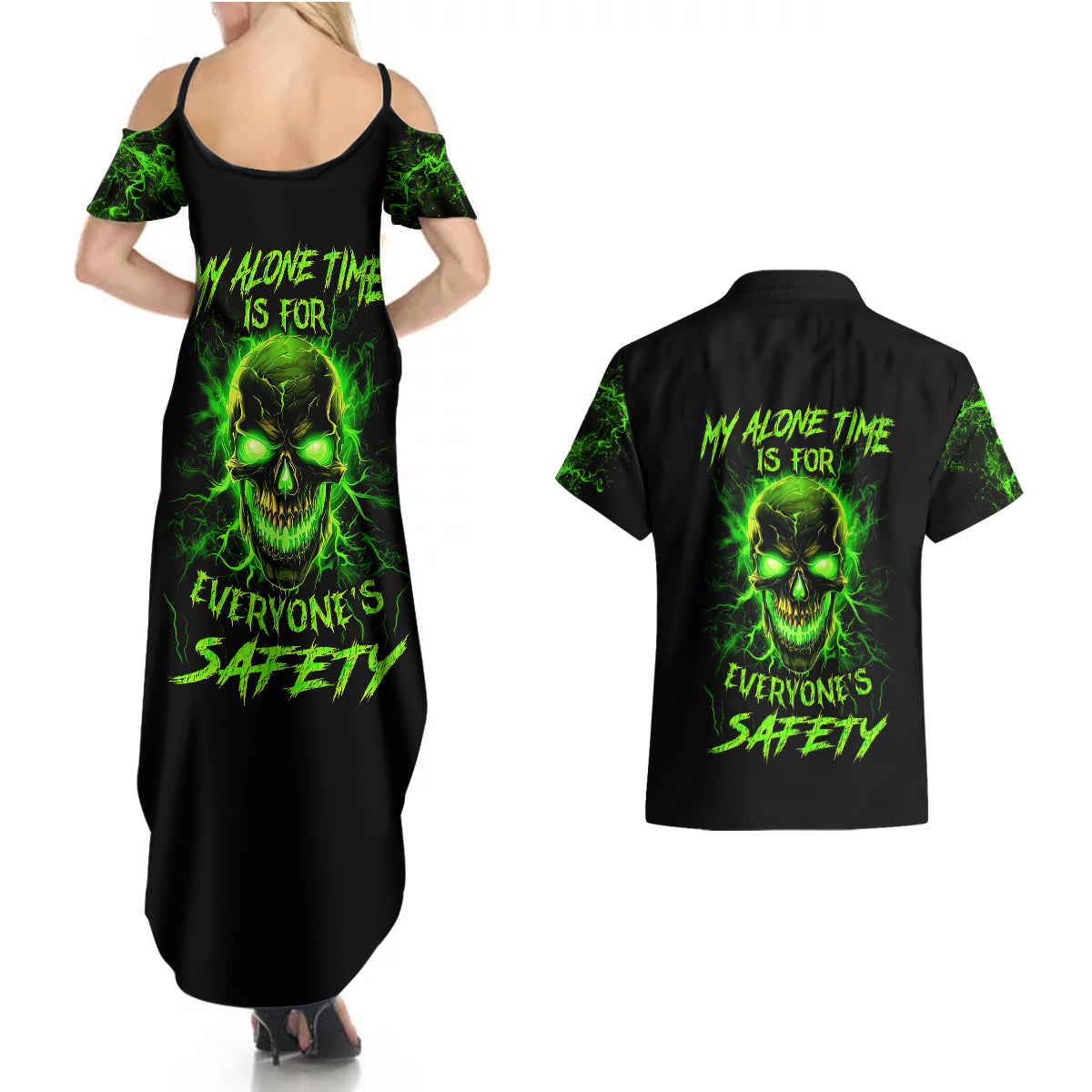 Flame Skull Couples Matching Summer Maxi Dress and Hawaiian Shirt My Alone TIme Is For Everyone Safe - Wonder Print Shop