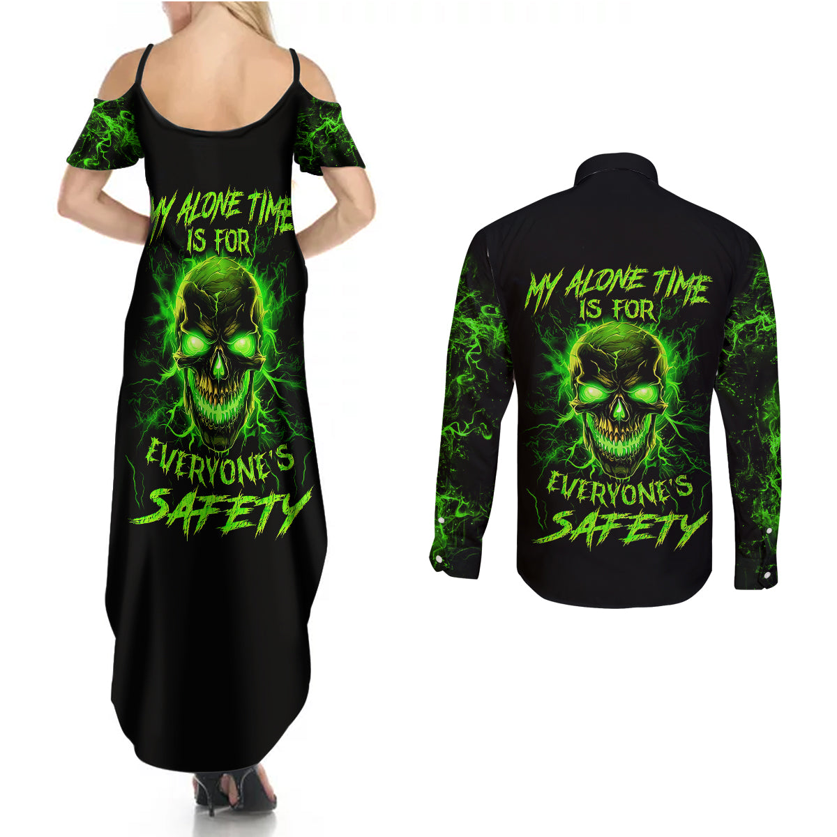 Flame Skull Couples Matching Summer Maxi Dress and Long Sleeve Button Shirts My Alone TIme Is For Everyone Safe - Wonder Print Shop