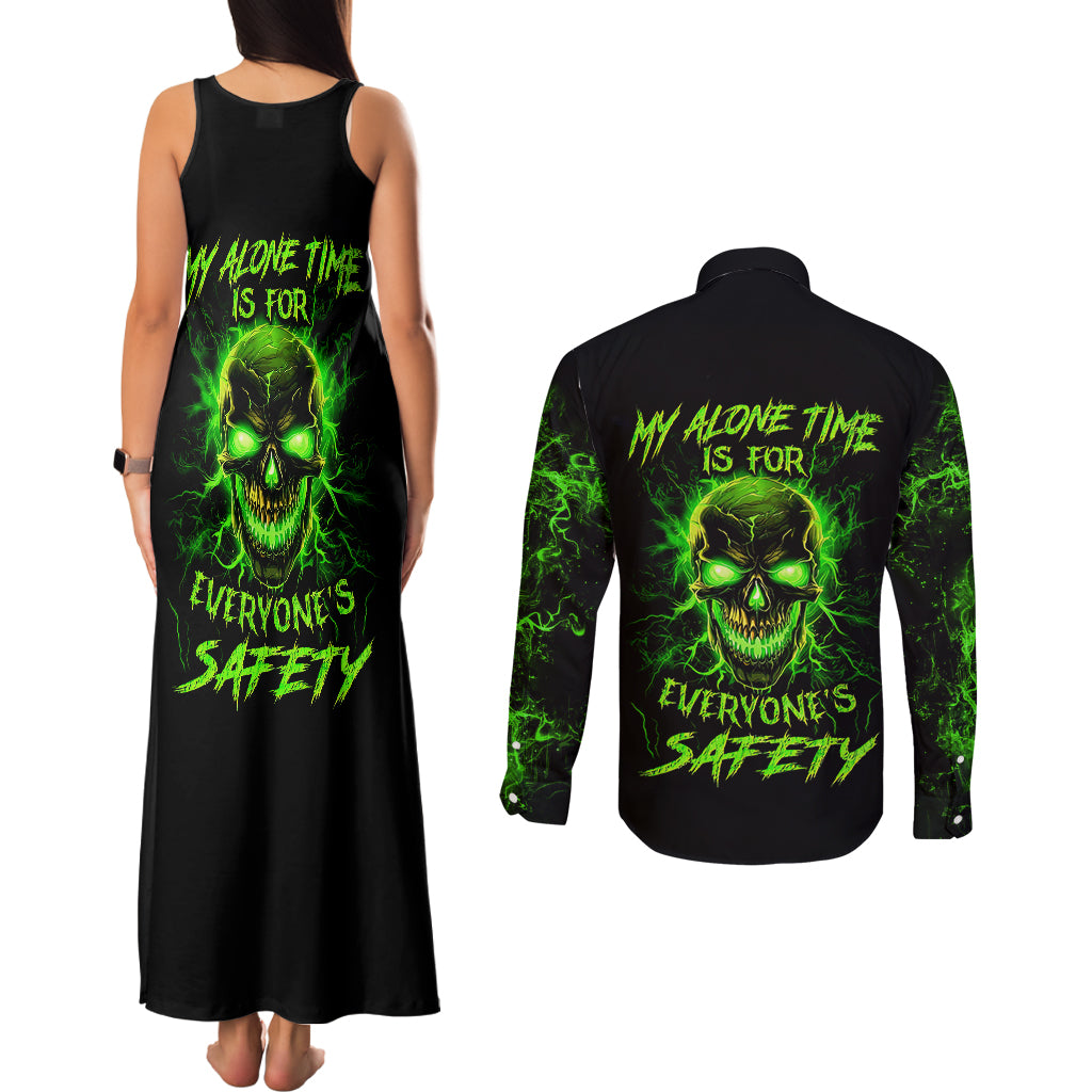 Flame Skull Couples Matching Tank Maxi Dress and Long Sleeve Button Shirts My Alone TIme Is For Everyone Safe - Wonder Print Shop