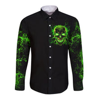 Black long-sleeve button shirt with neon green skull graphic on front