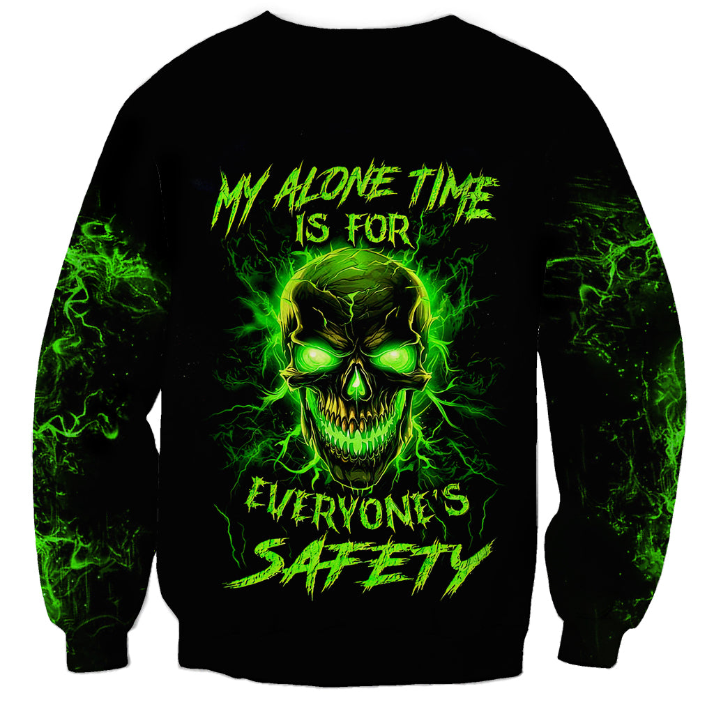 Black unisex sweatshirt with neon green flame skull and 'safety' text graphic