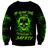Black unisex sweatshirt with neon green flame skull and 'safety' text graphic
