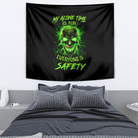 Black tapestry wall hanging with neon green skull and slogan text