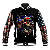 Black baseball jacket, ribbed collar; front skull graphic with American flag sleeves.