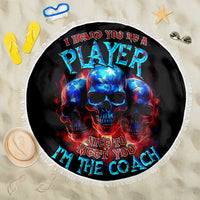 Black round beach blanket featuring blue skull, "Nice to meet you" text, white fringe