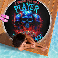 Black round beach blanket with vivid blue-red skull graphic and white fringe, 150cm
