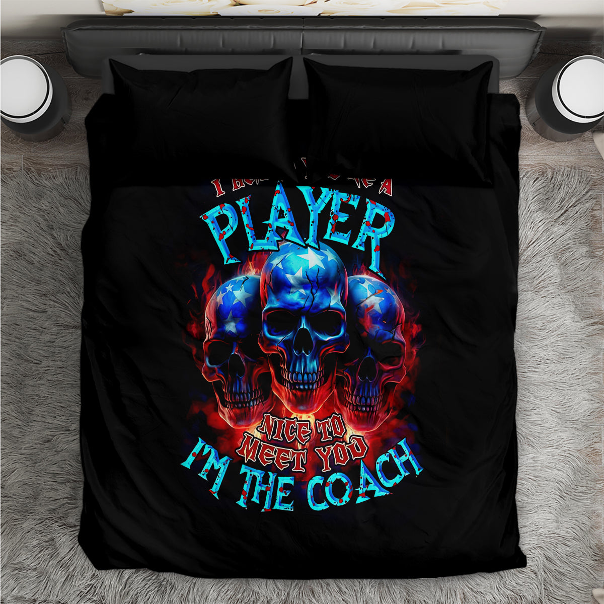 Black bedding set with blue-red skull and "Player" text "Nice to meet" on duvet