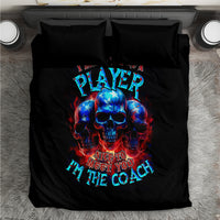 Black bedding set with blue-red skull and "Player" text "Nice to meet" on duvet
