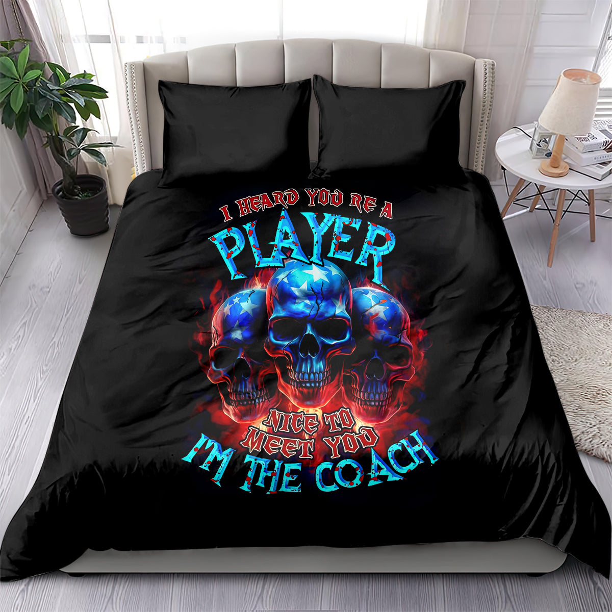 Black bedding set with blue-red skull text "Nice to meet you, coach" on duvet