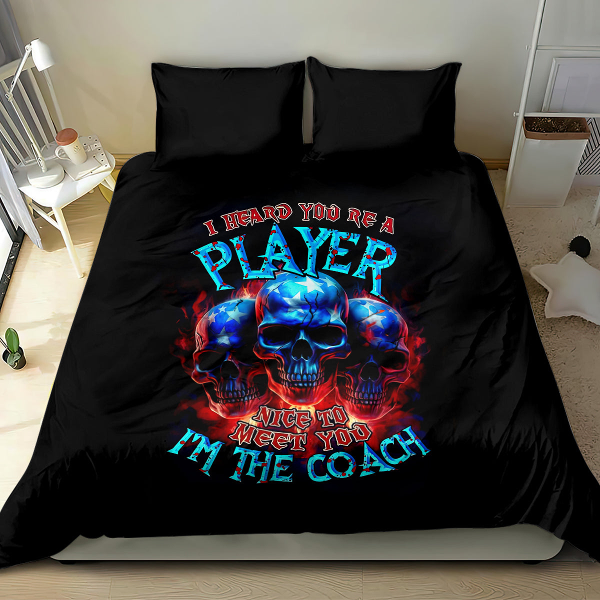Black bedding set with blue-red skull graphic and coach slogan on duvet with two pillows