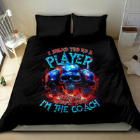 Black bedding set with blue-red skull graphic and coach slogan on duvet with two pillows