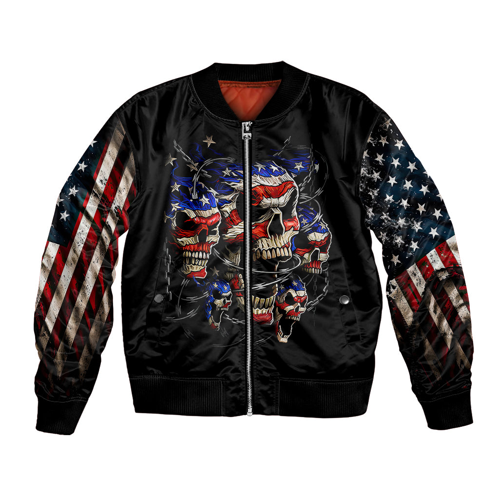 Black bomber jacket with front zipper, skull art, American flag star sleeves