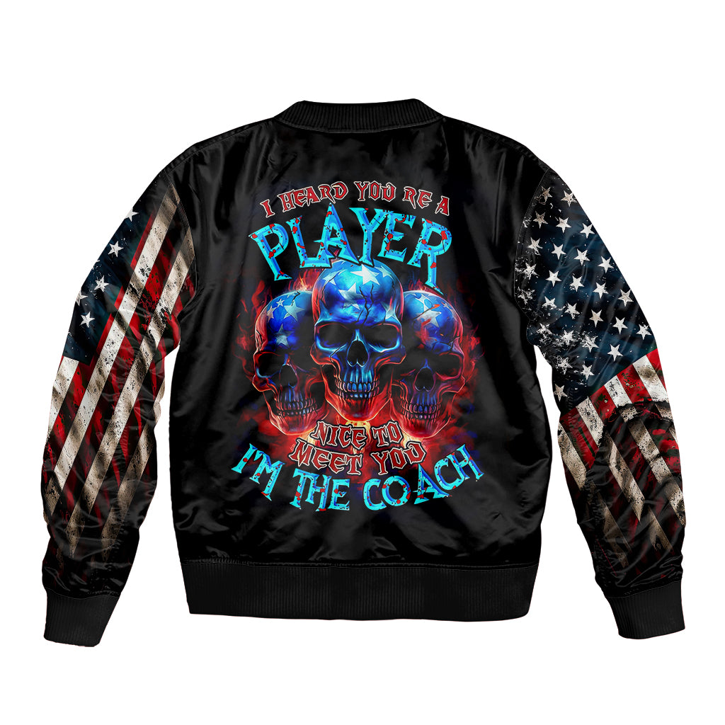 Black bomber jacket with back skull 'player' graphic and striped sleeves