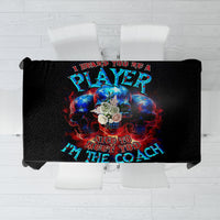Black skull tablecloth with Pray text and colorful blue skull artwork.