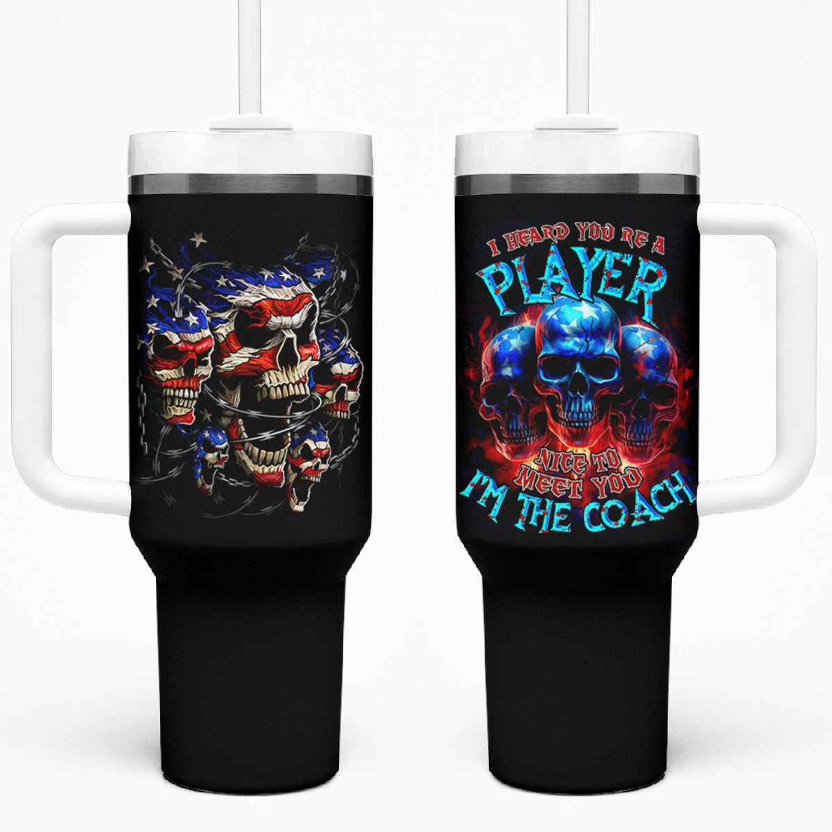 American Skull Tumbler With Handle Nice To Meet You Im The Coach