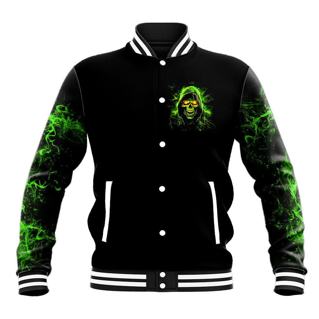 Black varsity baseball jacket with neon green skull face graphic, button front and striped trim