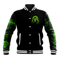 Black varsity baseball jacket with neon green skull face graphic, button front and striped trim